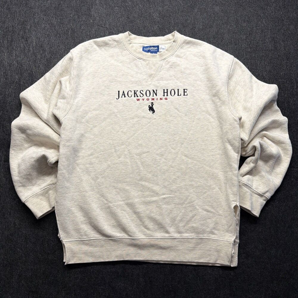 Vintage Y2K Big Cotton Heather Beige Sweatshirt Jackson Hole Wyoming Cowboy - M